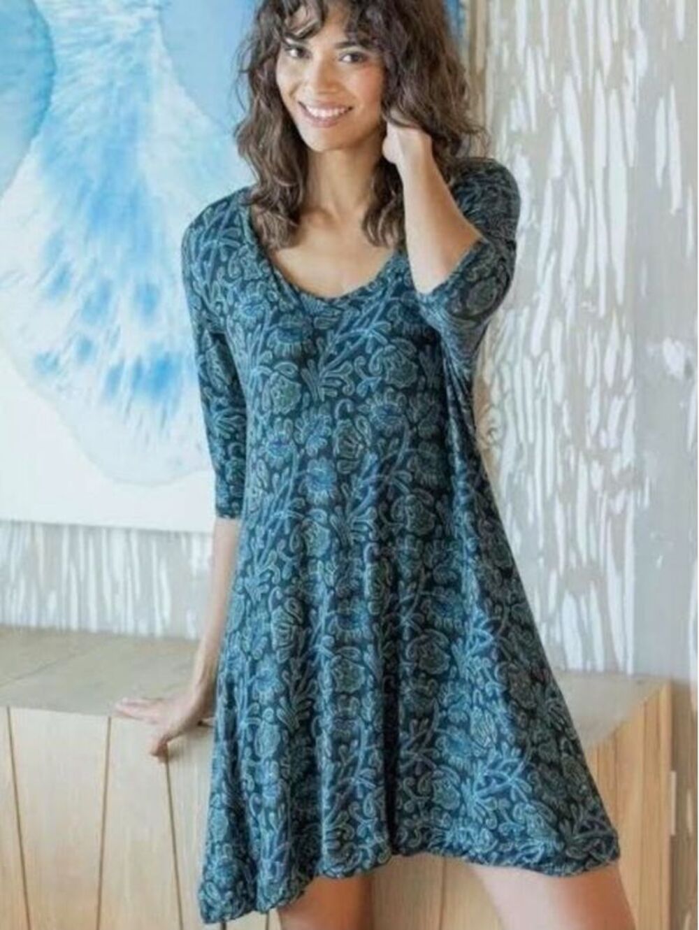 Natural Life Blue Green Paisley Boho Swing Dress Mini Medium